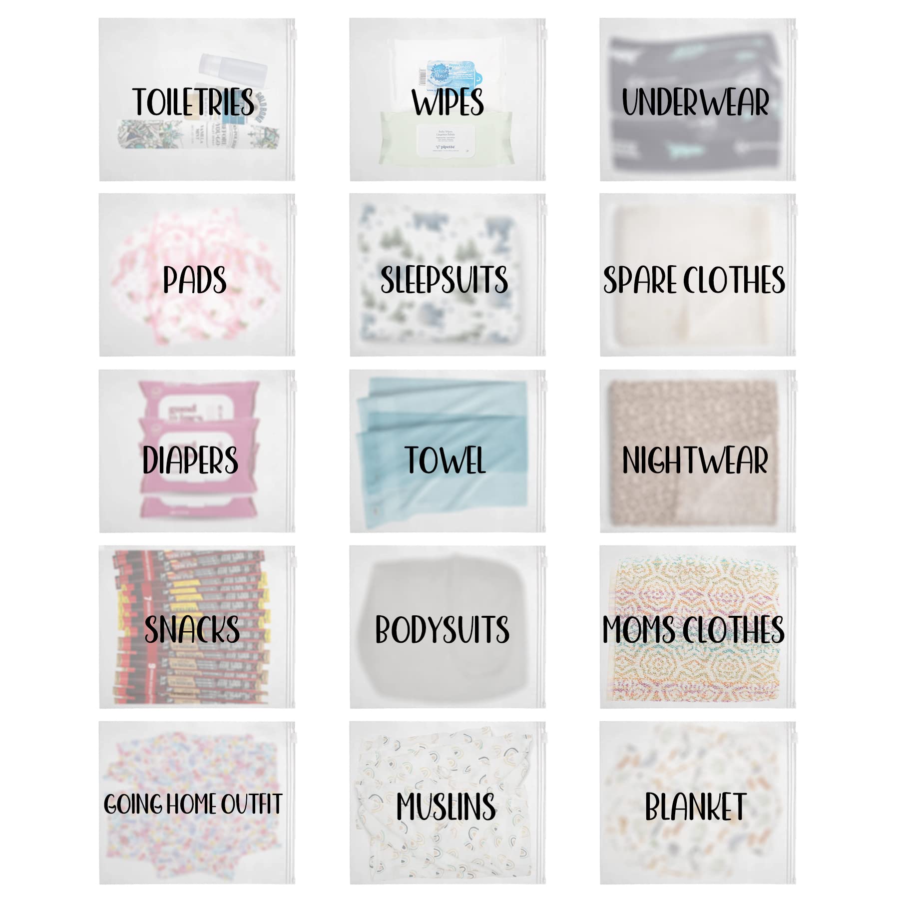 Agromusk 15-pack hospital bags with labeled compartments for easy packing.