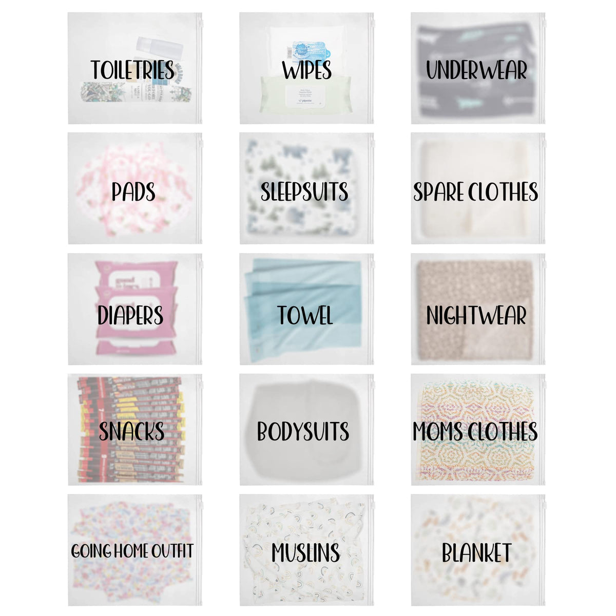 Agromusk 15-pack hospital bags with labeled compartments for easy packing.
