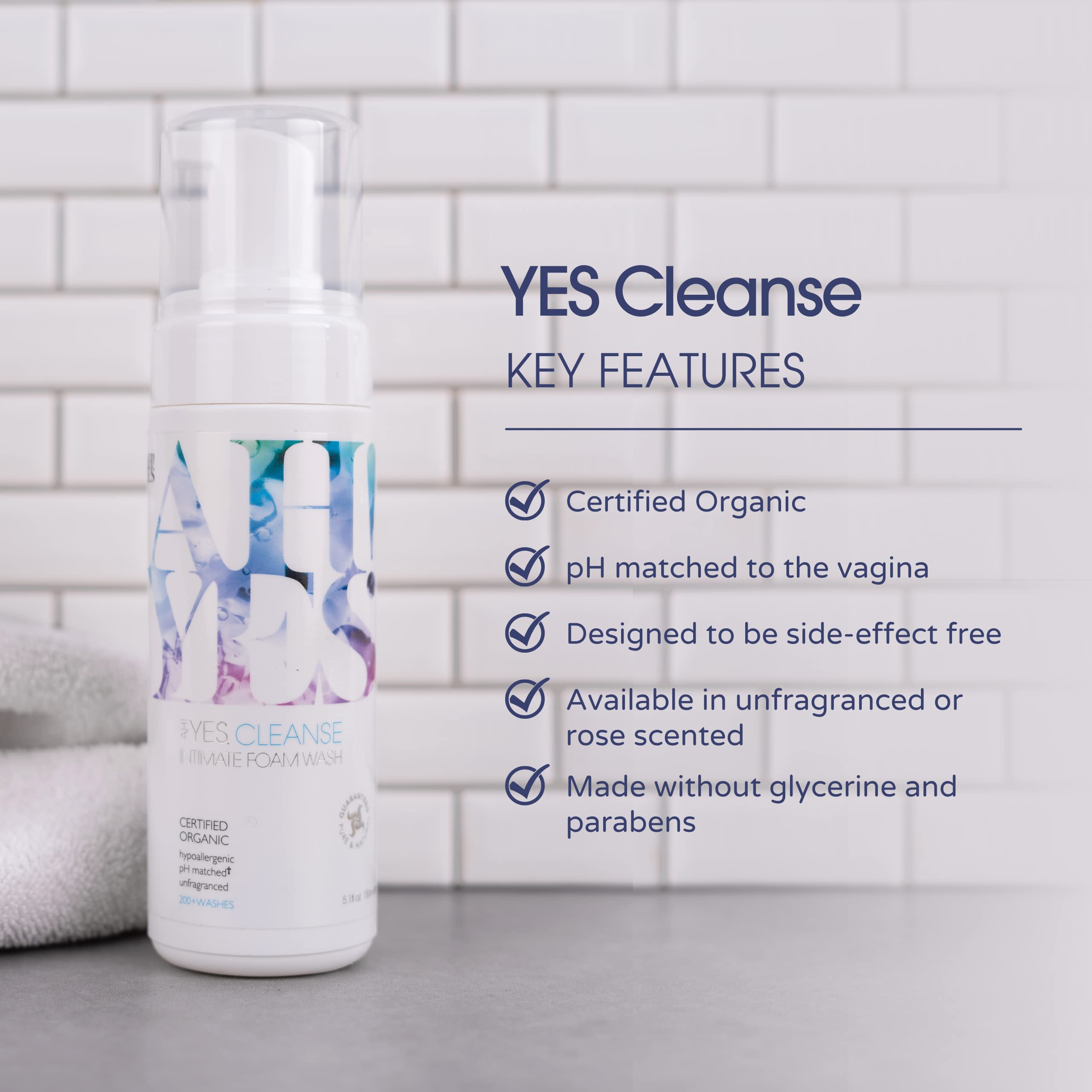 AH! YES Cleanse pump bottle close up showing organic, pure formula