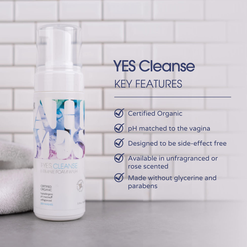 AH! YES Cleanse pump bottle close up showing organic, pure formula