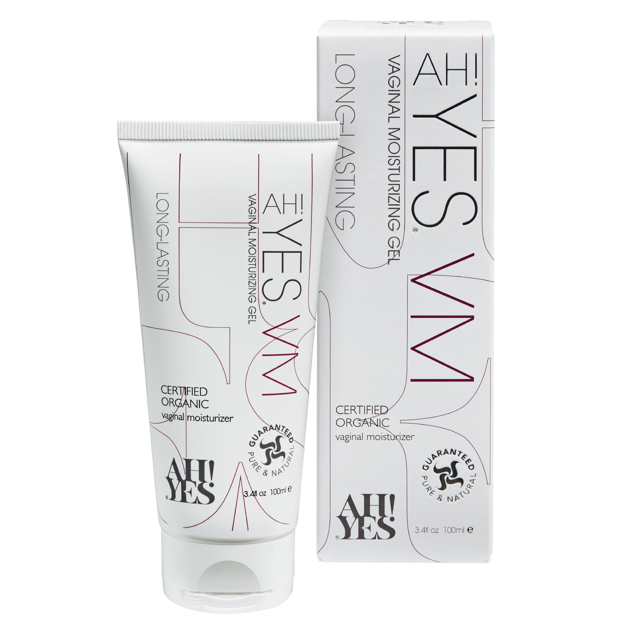AH! YES VM bottle close-up emphasizing organic, estrogen-free formula for comfort.