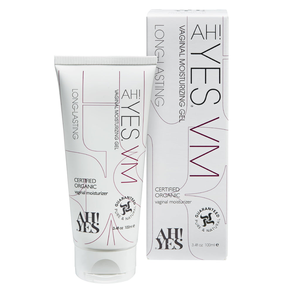 AH! YES VM bottle close-up emphasizing organic, estrogen-free formula for comfort.