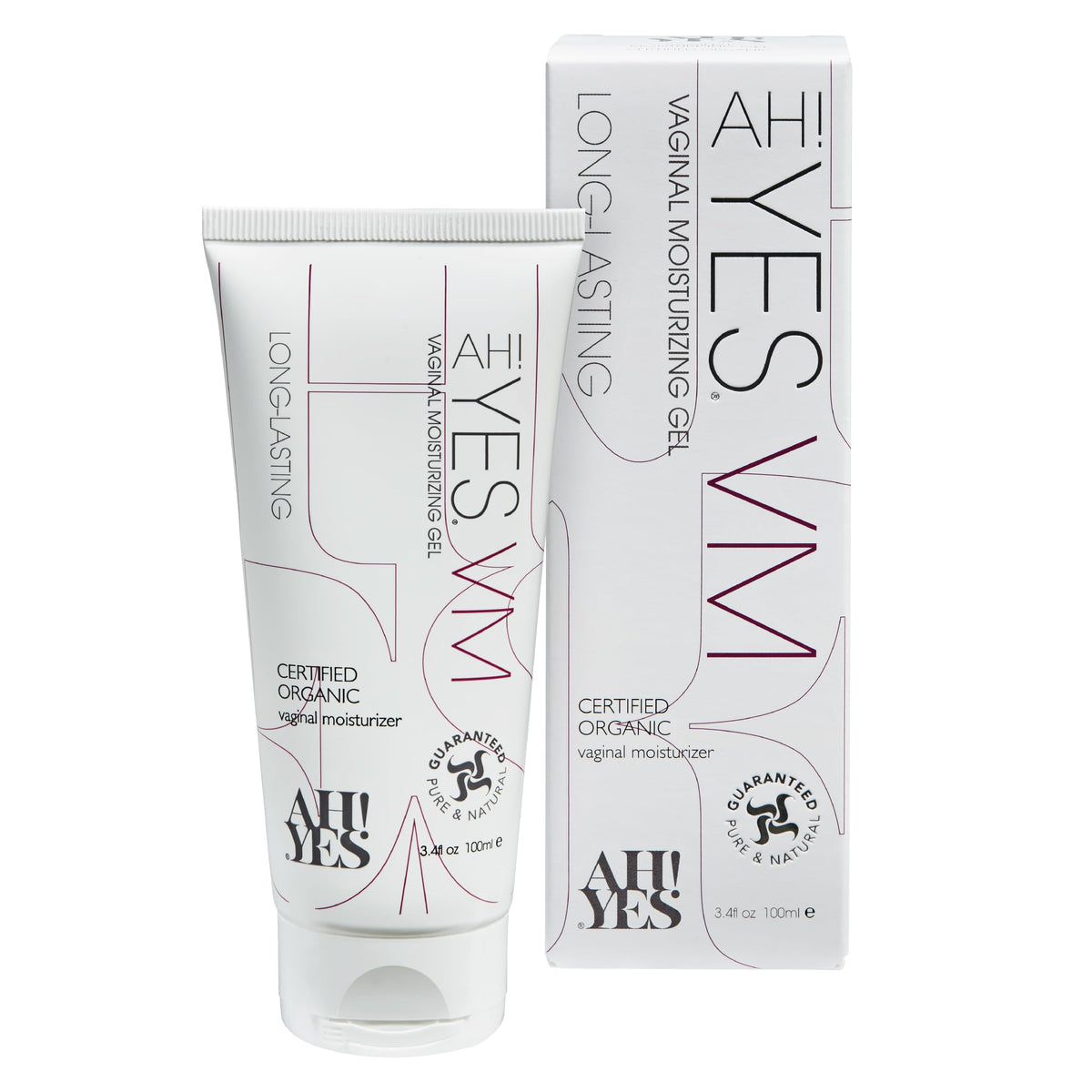 AH! YES VM bottle close-up emphasizing organic, estrogen-free formula for comfort.