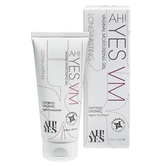 AH! YES VM bottle close-up emphasizing organic, estrogen-free formula for comfort.