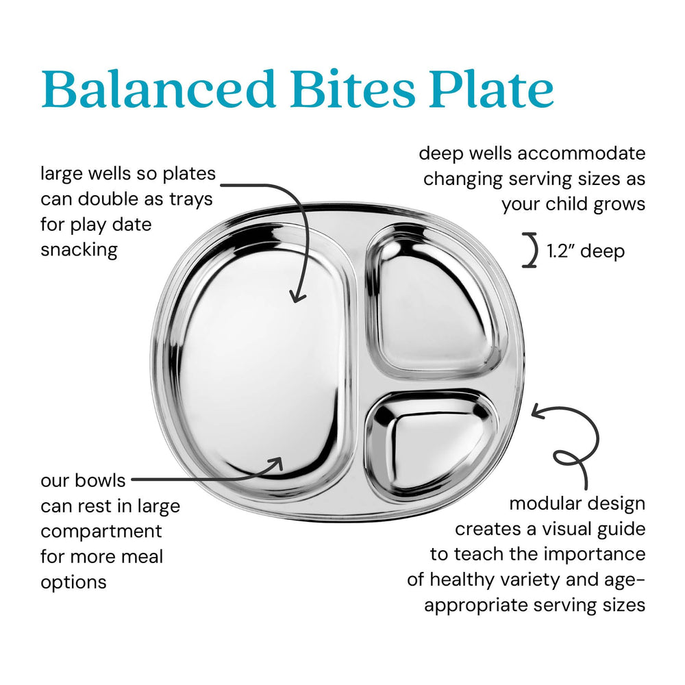 Ahimsa Balanced Bites plate's three compartments support self-feeding during early meals.
