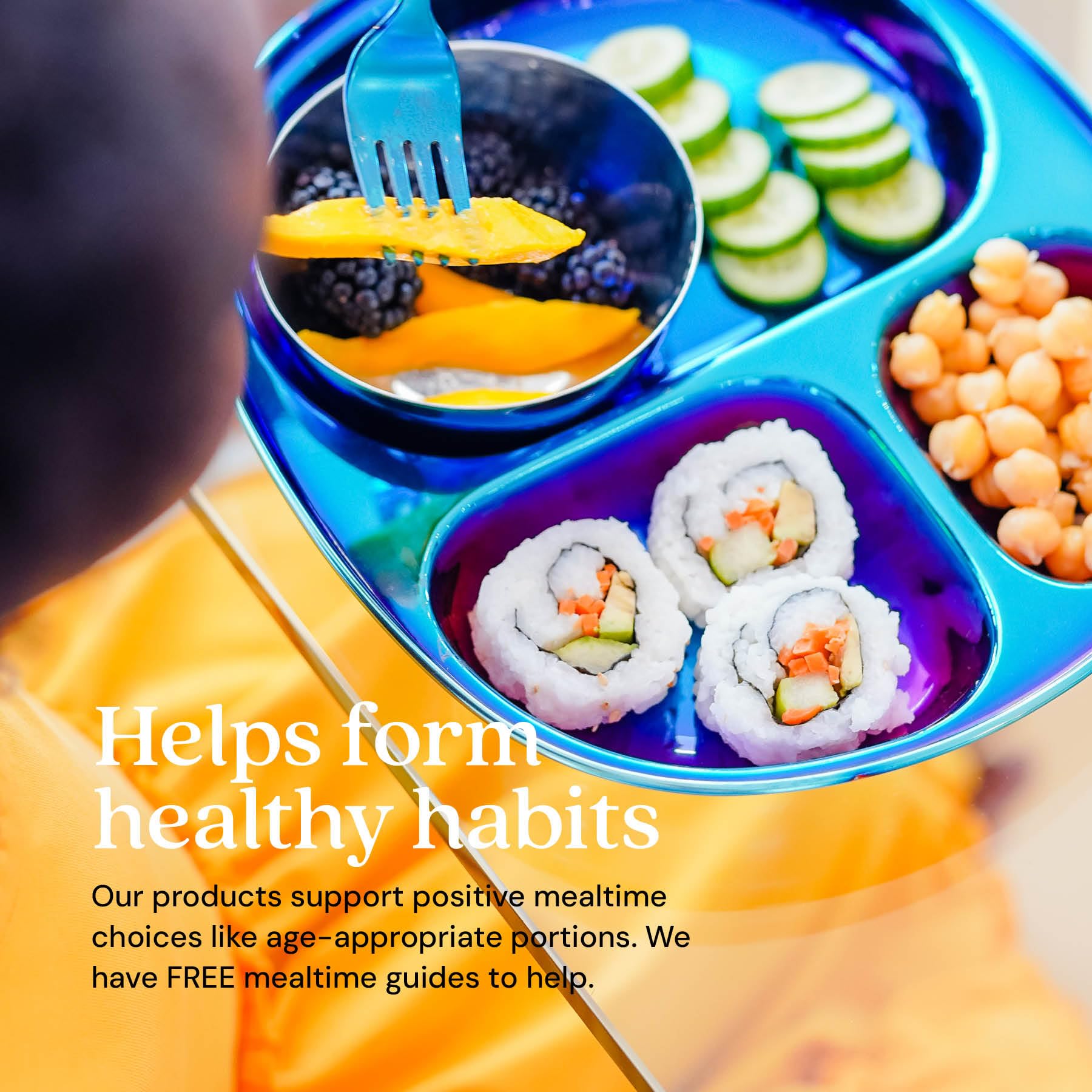 Balanced Bites plate adapts from first bites to early school years.
