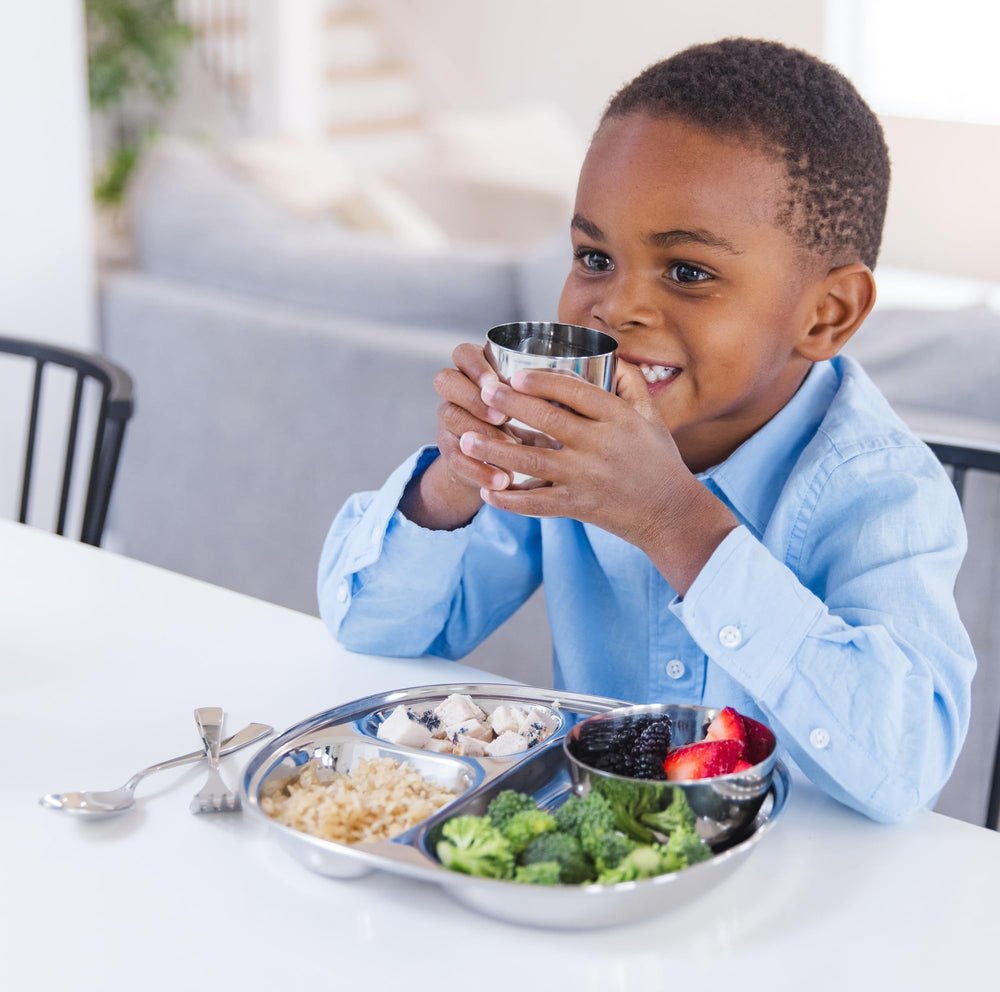 Curved edges assist self-feeding with steady grip for toddlers.