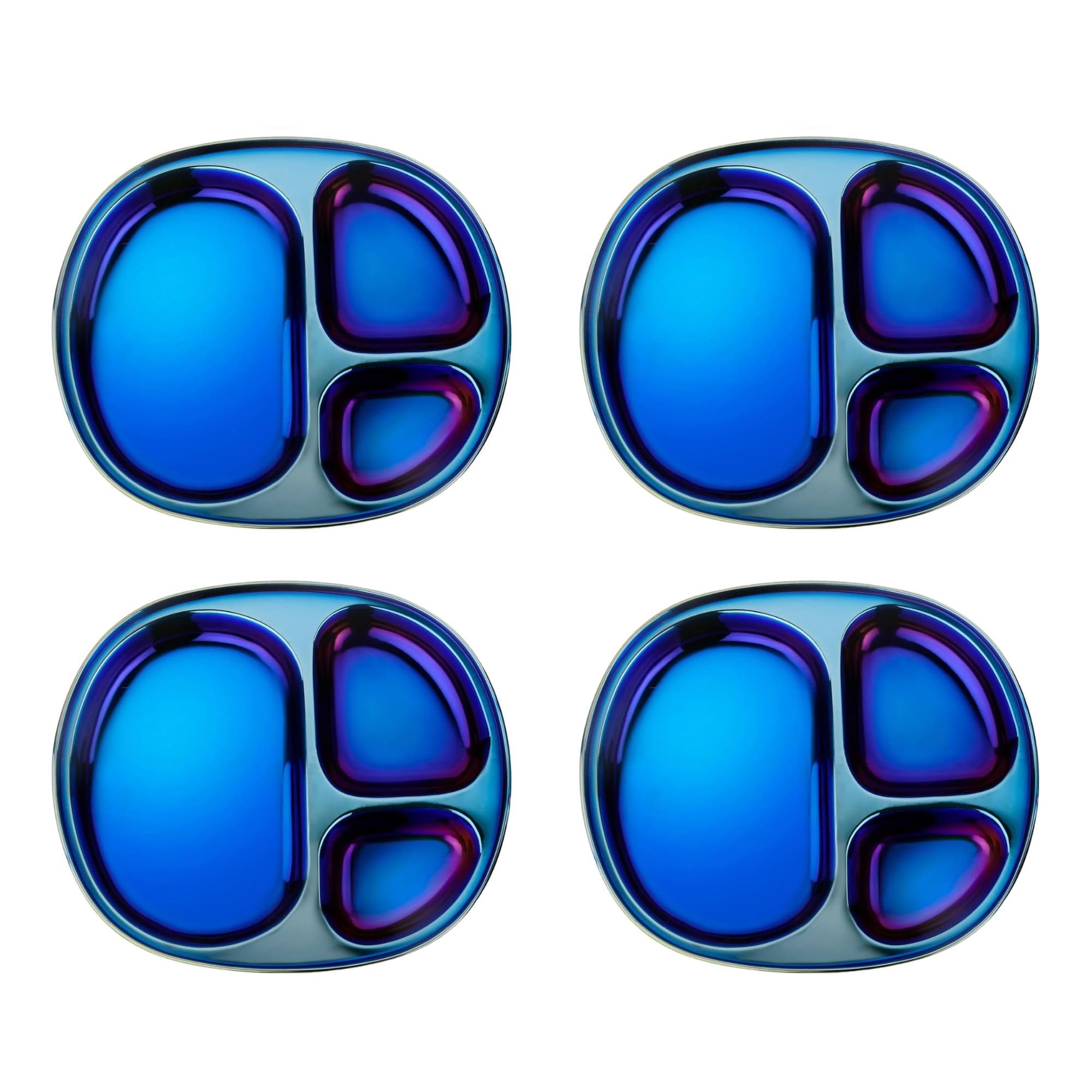Ahimsa iridescent blue divided plate closeup illustrating vibrant self-feeding design for kids.