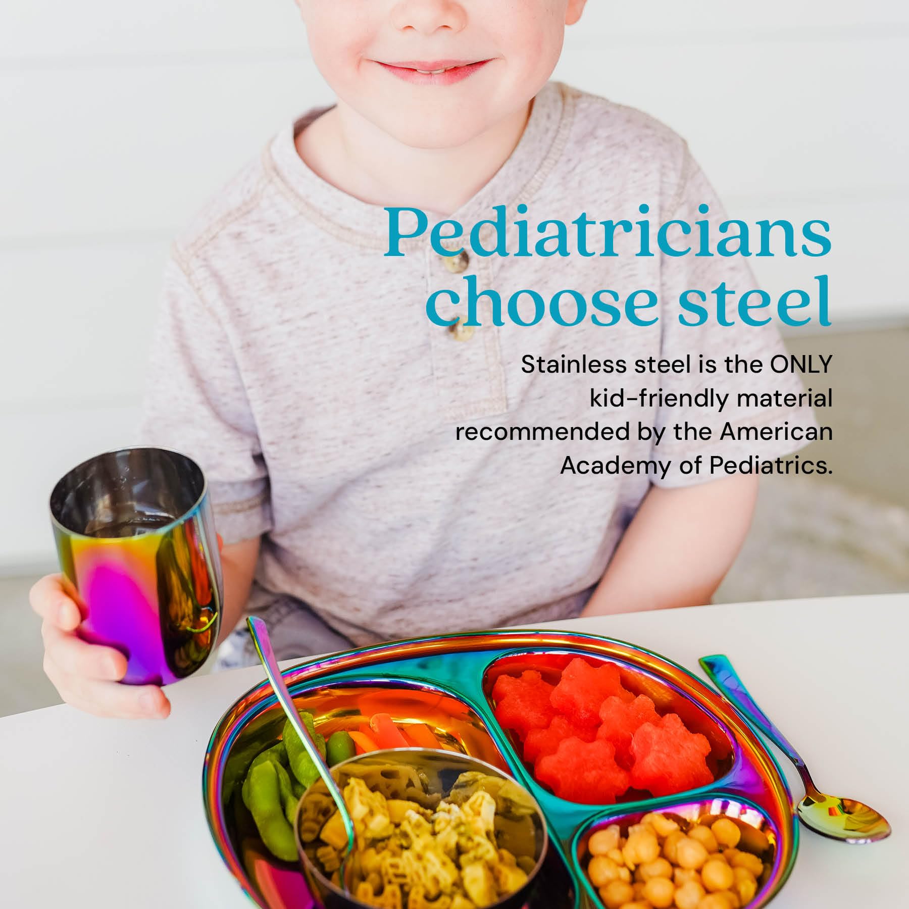 Ahimsa utensils set with fork and spoon for confident toddler self-feeding.