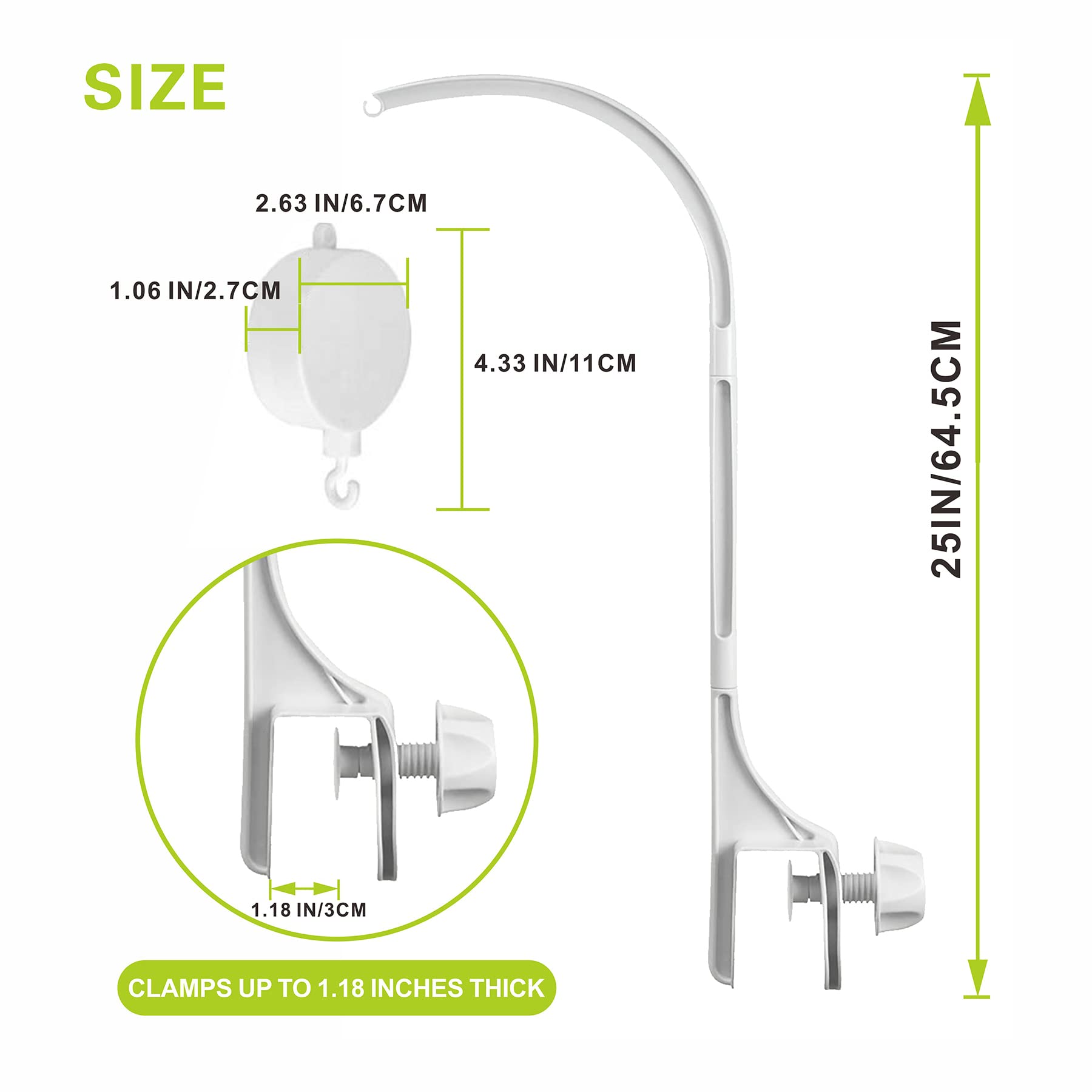 AICMEI crib mobile claw shows adjustable width for most cribs.