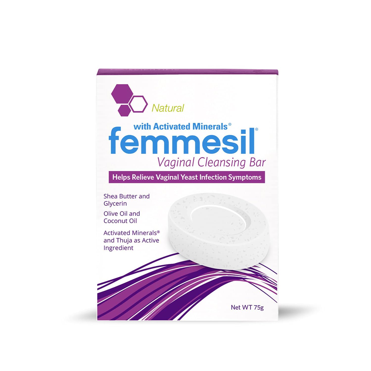 Aidance Femmesil soap bar packaging highlighting all-natural formulation for gentle feminine care.