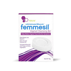 Aidance Femmesil soap bar packaging highlighting all-natural formulation for gentle feminine care.