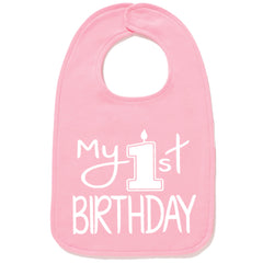 Aiden's Corner My 1st Birthday bib in white and pink, soft cotton for cake smash comfort.