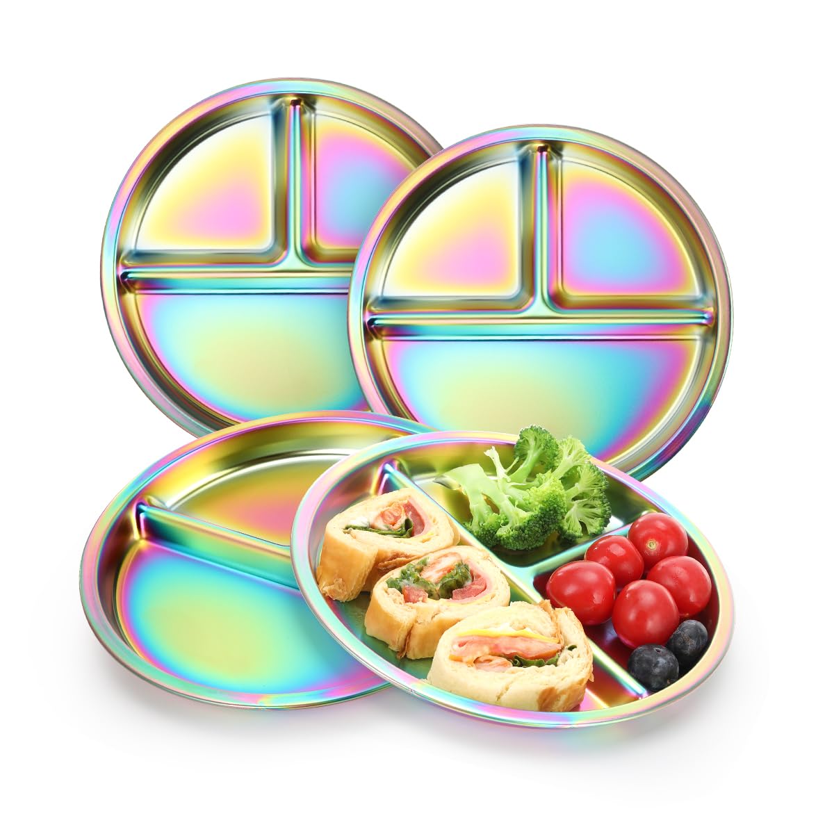 AIEVE rainbow-hue finish stainless steel kids plates showcase playful color for mealtime fun.