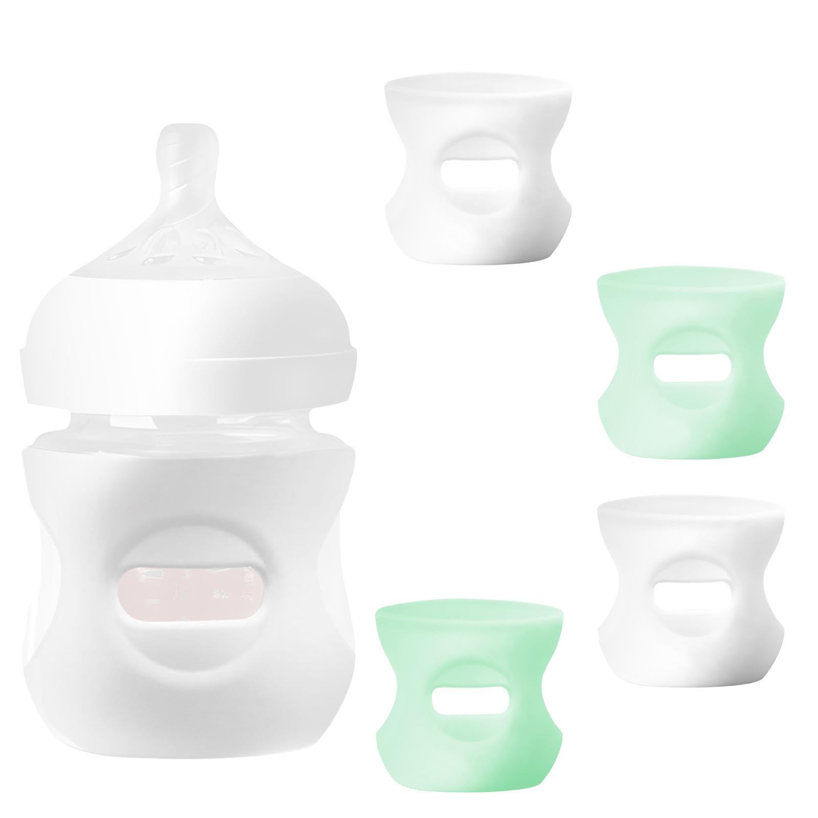 AIHSUMC silicone sleeves on Avent glass bottle with white and green colors for grip and protection