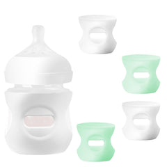 AIHSUMC silicone sleeves on Avent glass bottle with white and green colors for grip and protection
