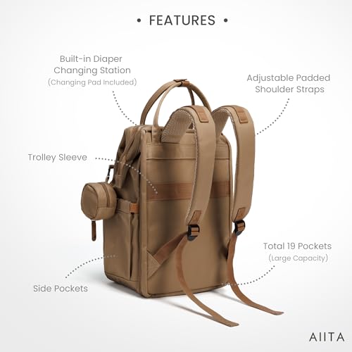 AIITA coffee brown diaper bag highlights water-resistant nylon for everyday use.