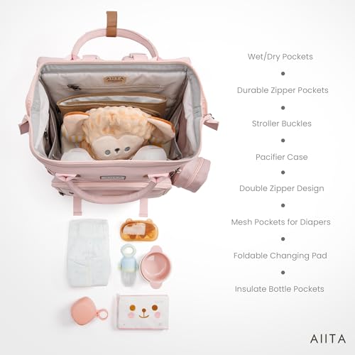 AIITA diaper bag backpack mesh diaper pockets for fast diaper access.