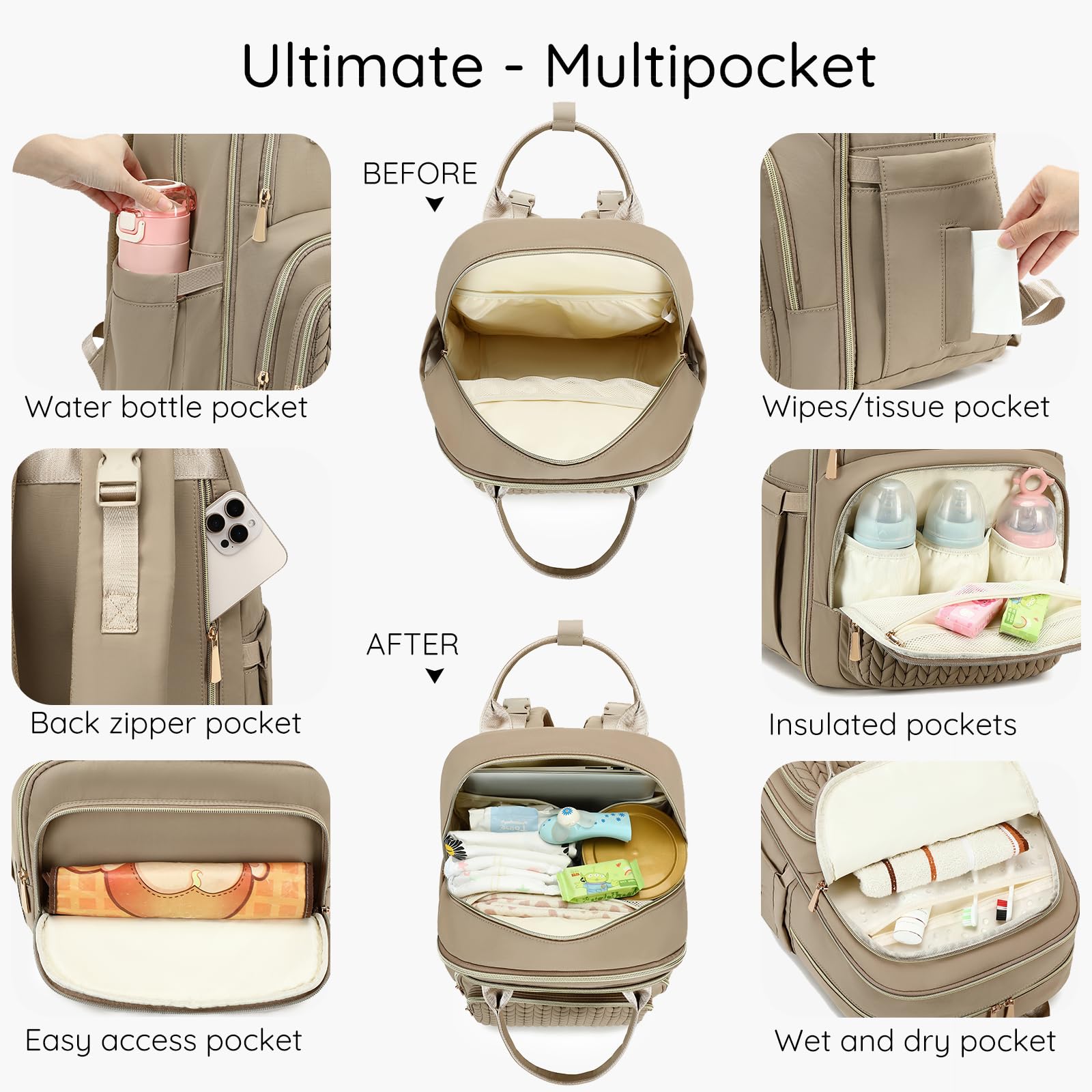 AIJIEKE diaper backpack back view with adjustable straps for all-day comfort.