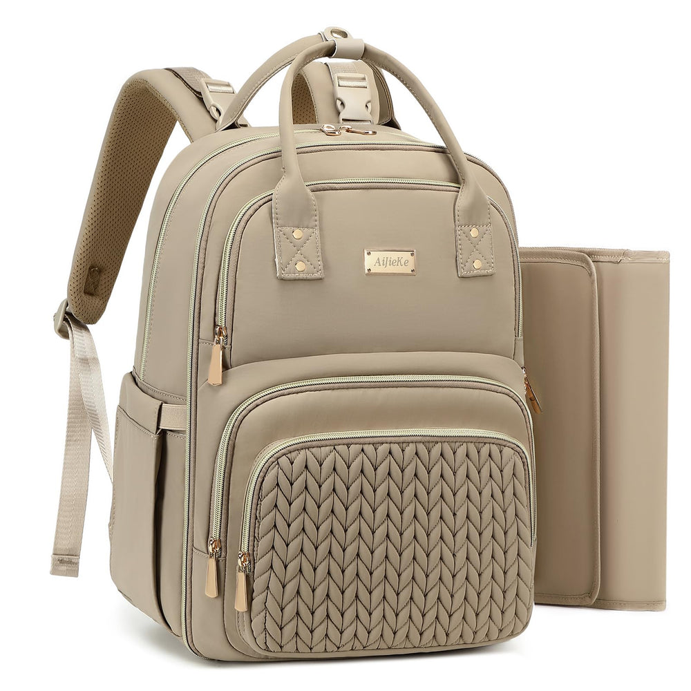 AIJIEKE diaper backpack front view showing roomy compartments for on-the-go organization.
