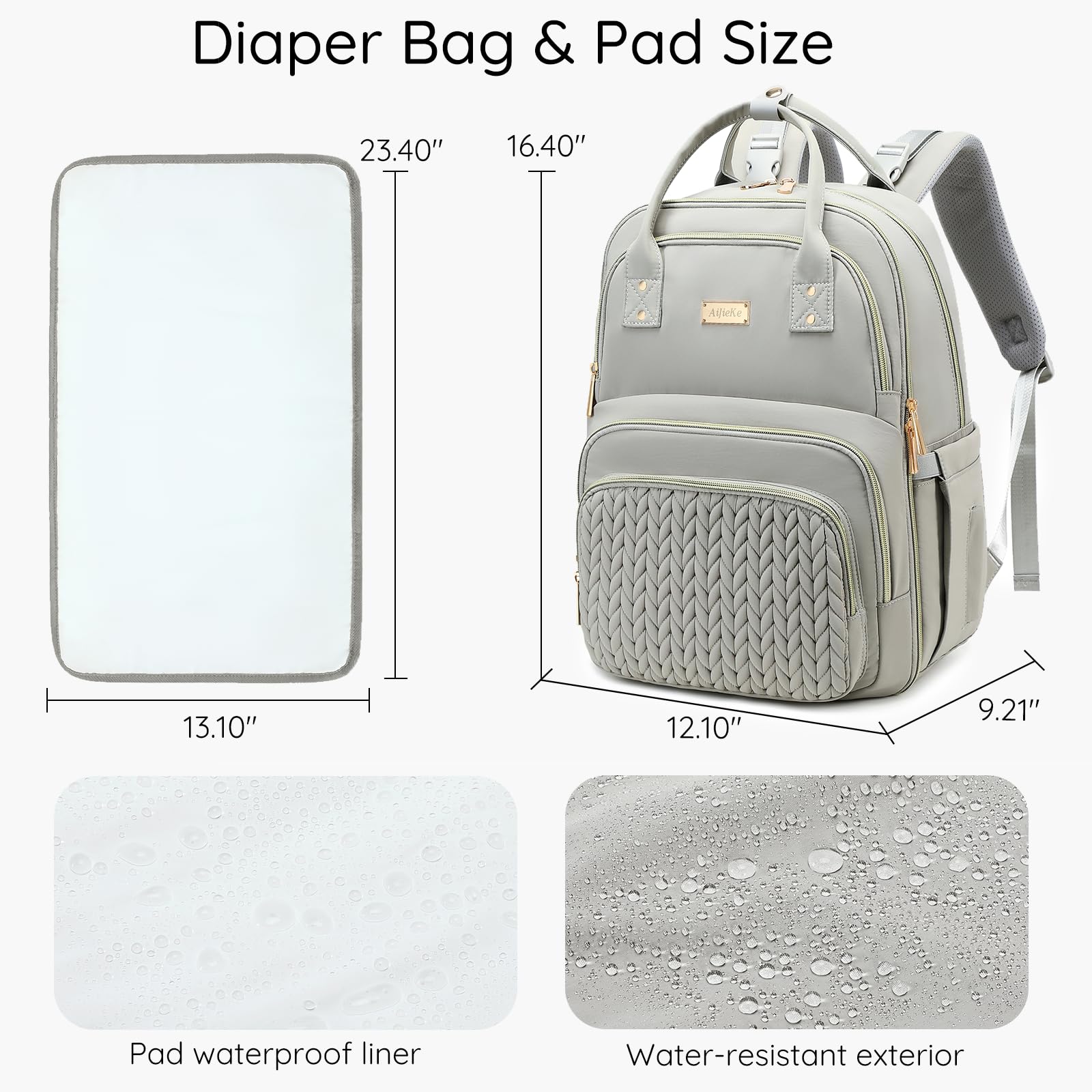 AIJIEKE diaper backpack gray back storage pocket secures valuables during travel.