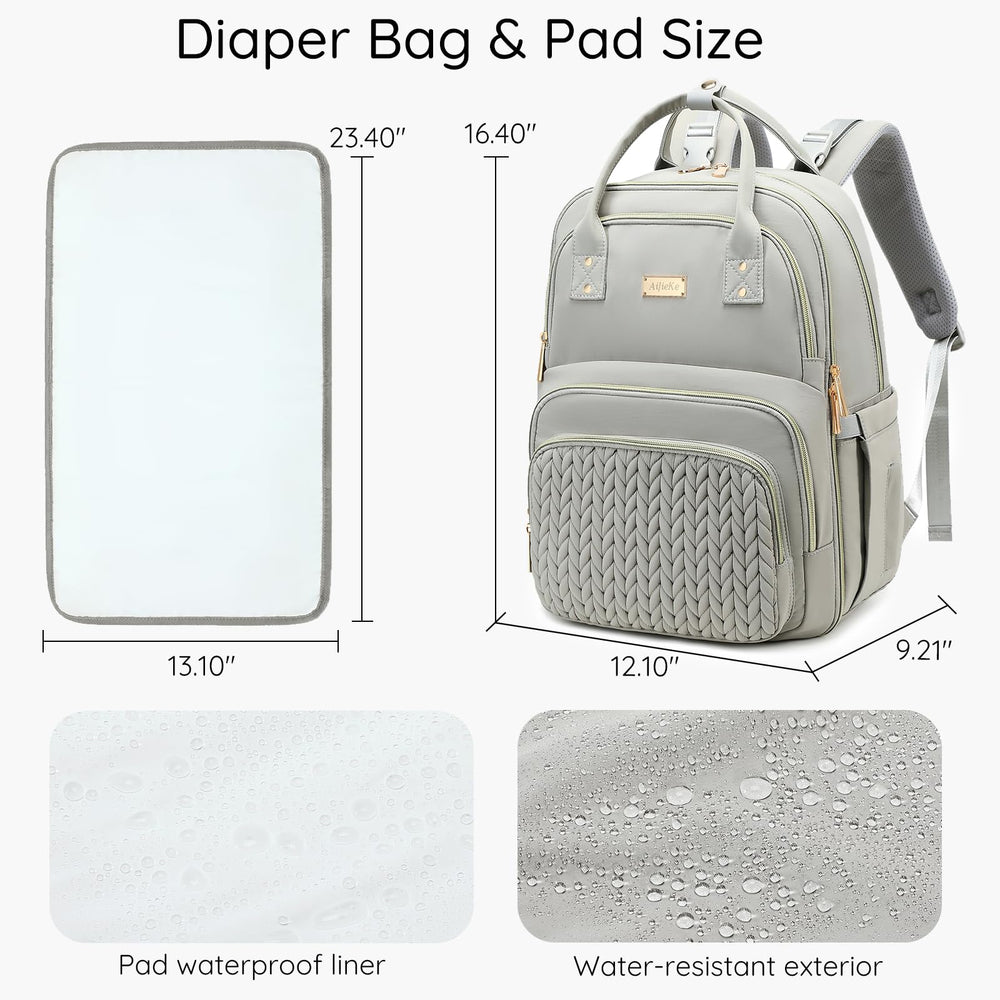 AIJIEKE diaper backpack gray back storage pocket secures valuables during travel.