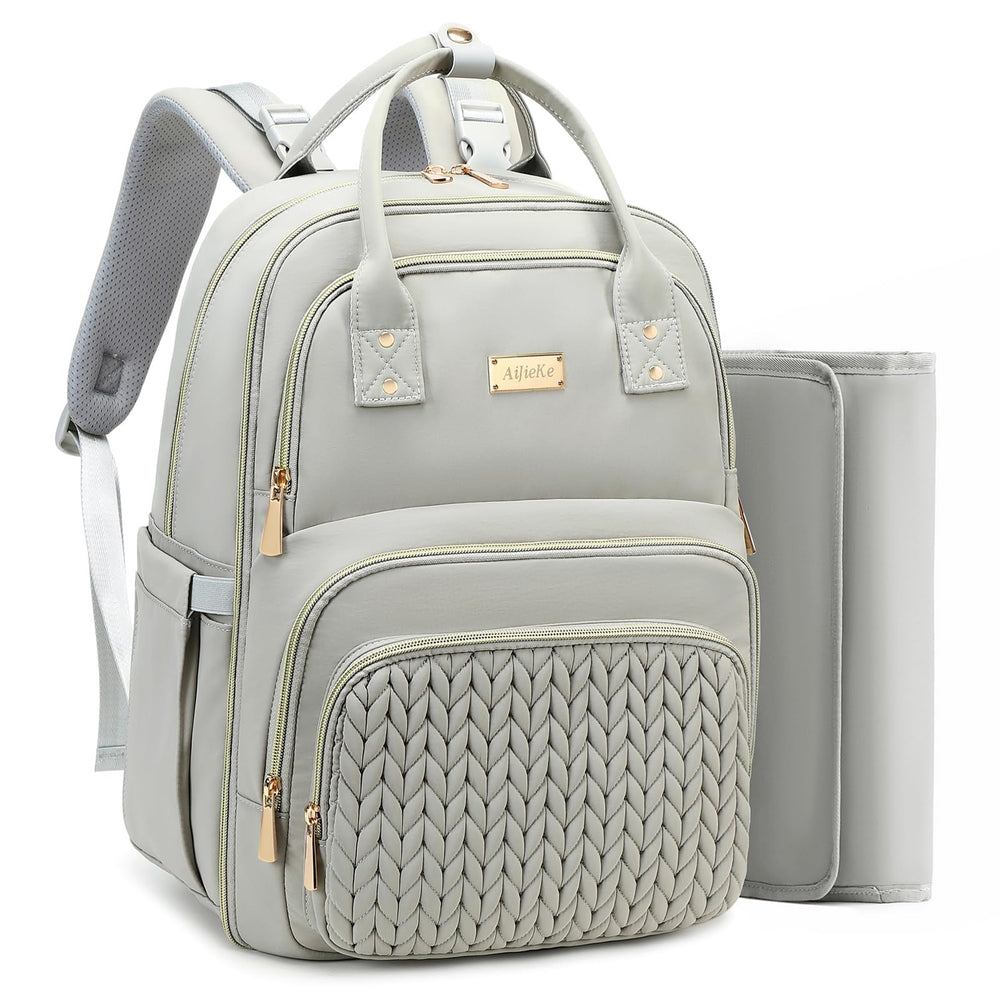 AIJIEKE diaper backpack gray front pocket for quick access during outings.