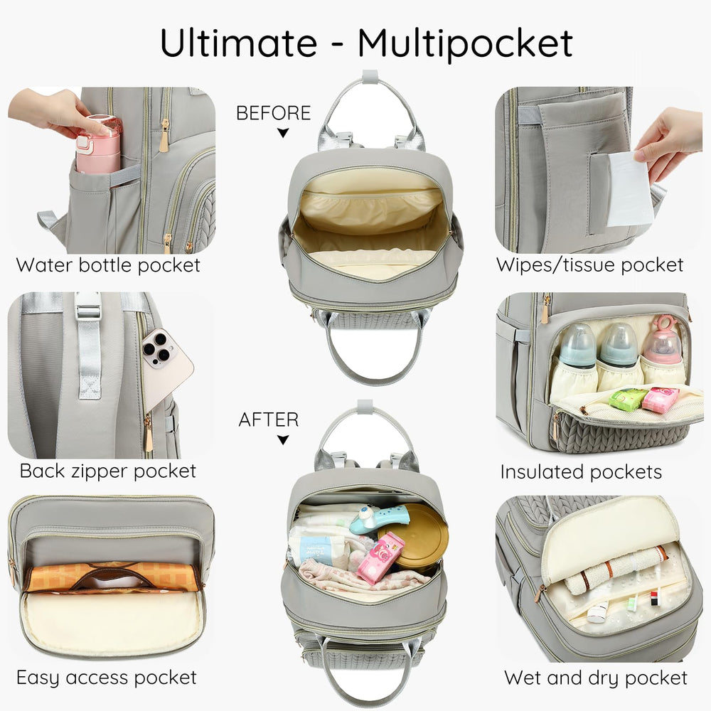 AIJIEKE diaper backpack gray insulated bottle pocket keeps drinks at the right temperature.