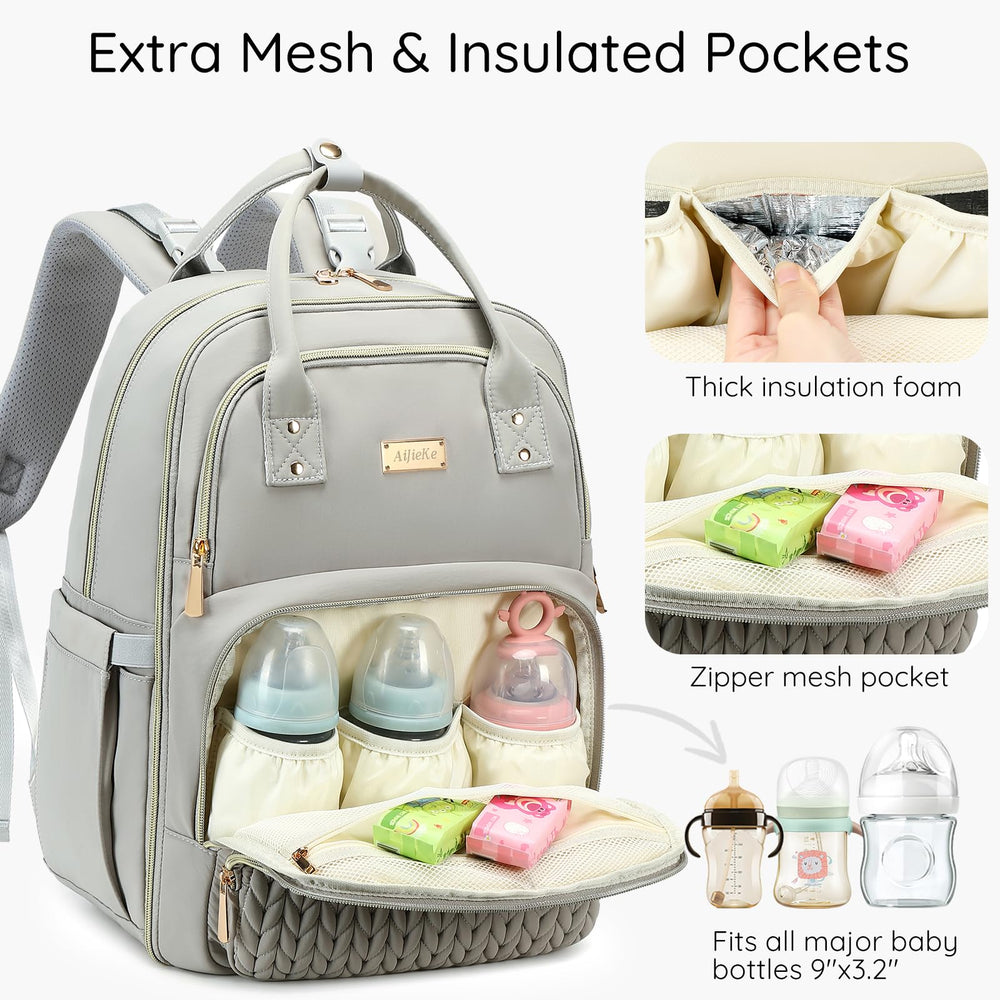 AIJIEKE diaper backpack gray wide-opening pocket offers quick item access.