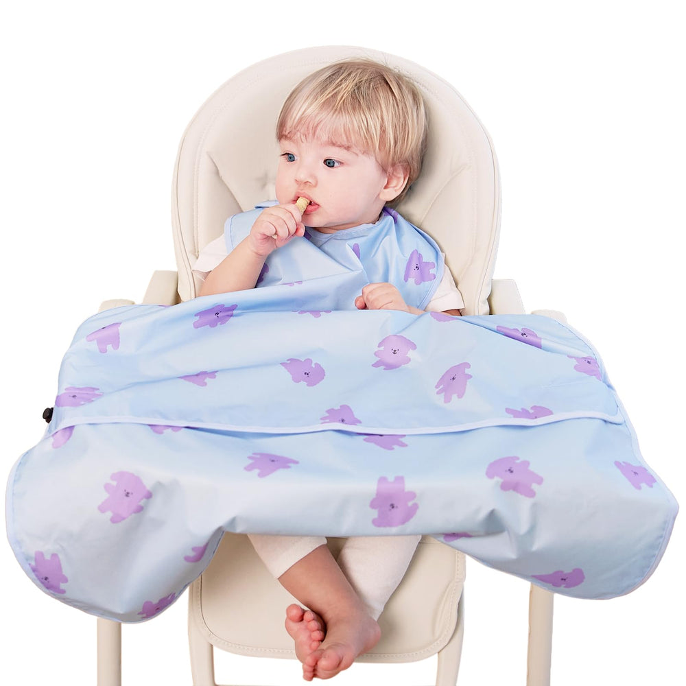 Aijoo all-in-one bib Violet Puppy, front view showing full body and table coverage.