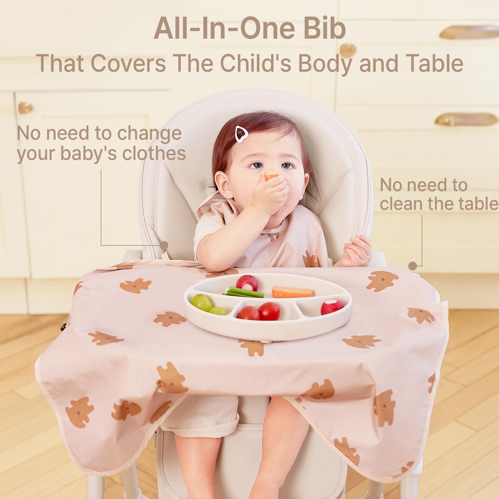 Aijoo BLW bib with table coverage protects high chair surfaces.