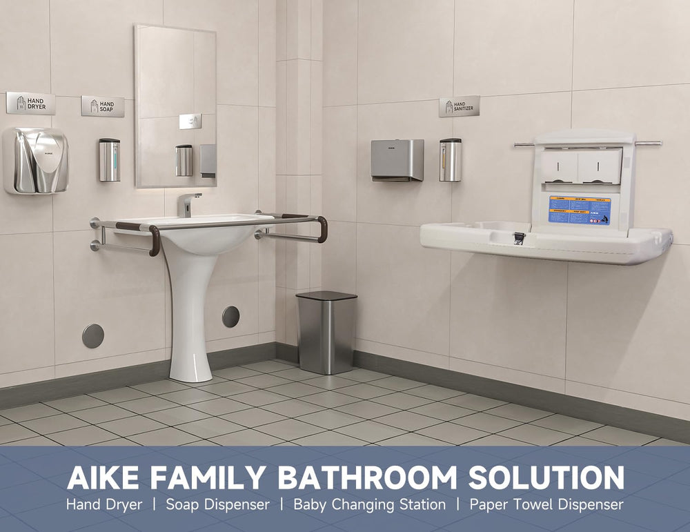 AIKE changing station folded against wall saves space in compact restrooms.