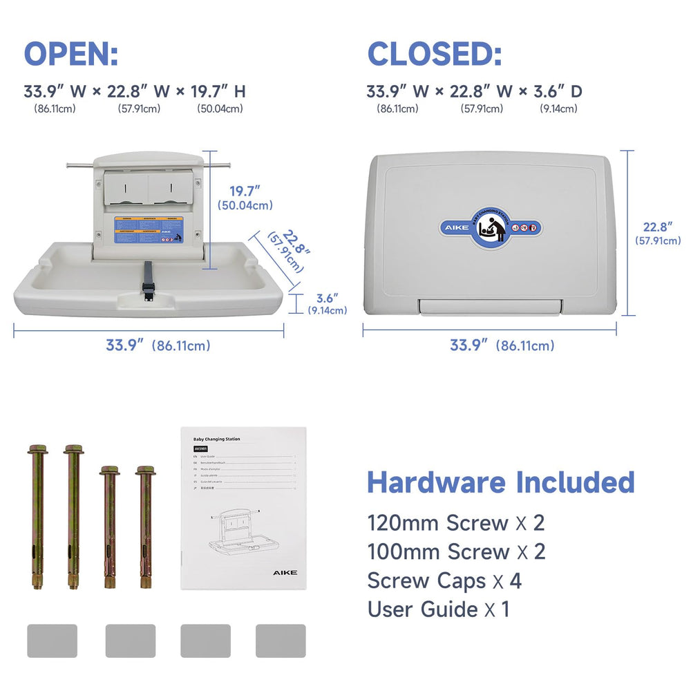AIKE changing station open with fold-out surface and guardrail for safety.