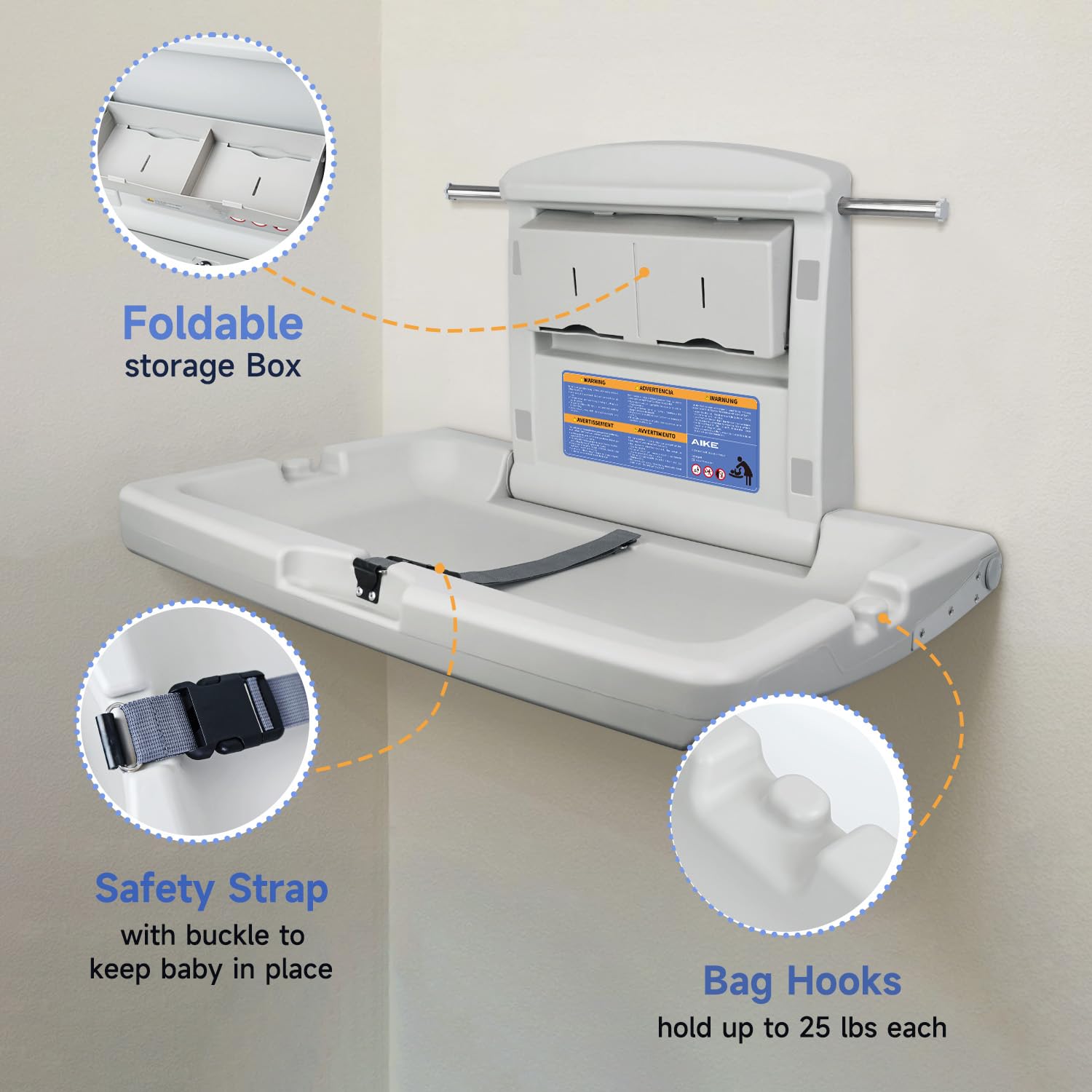 AIKE changing station features adjustable safety straps for secure positioning.