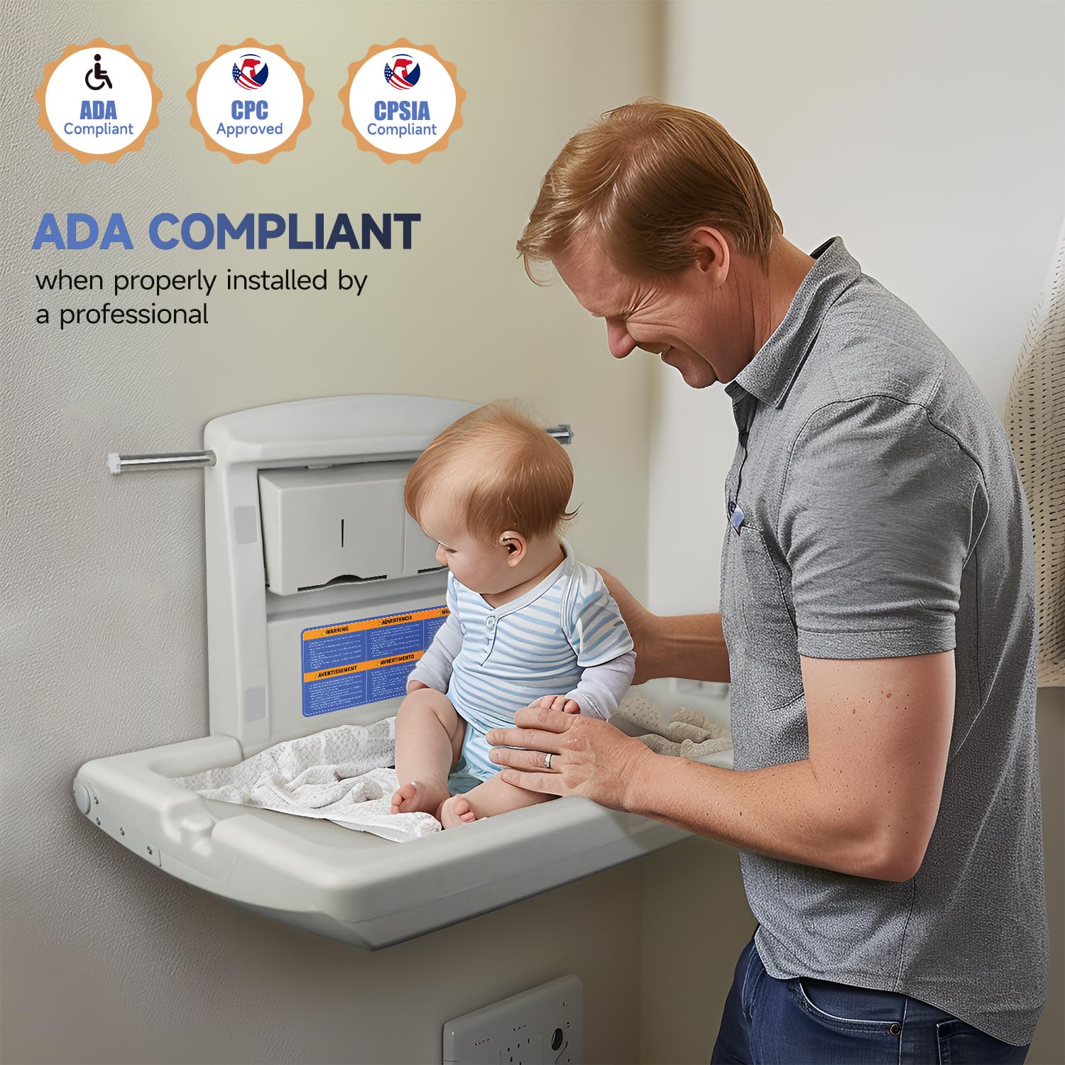 AIKE station with built-in storage shelf holds wipes and diapers within reach.