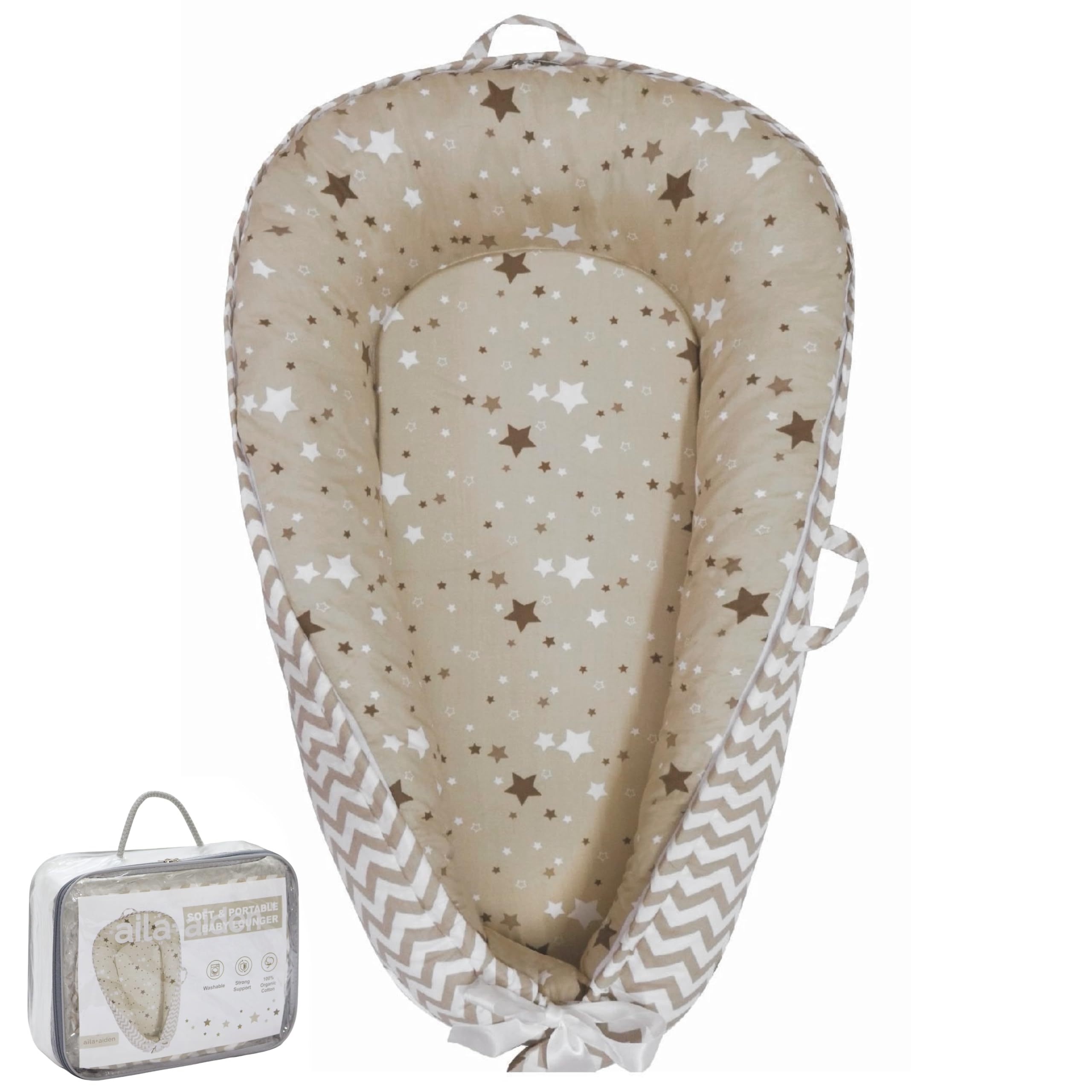 Aila+Aiden baby lounger cover close-up in organic cotton, soft and breathable.