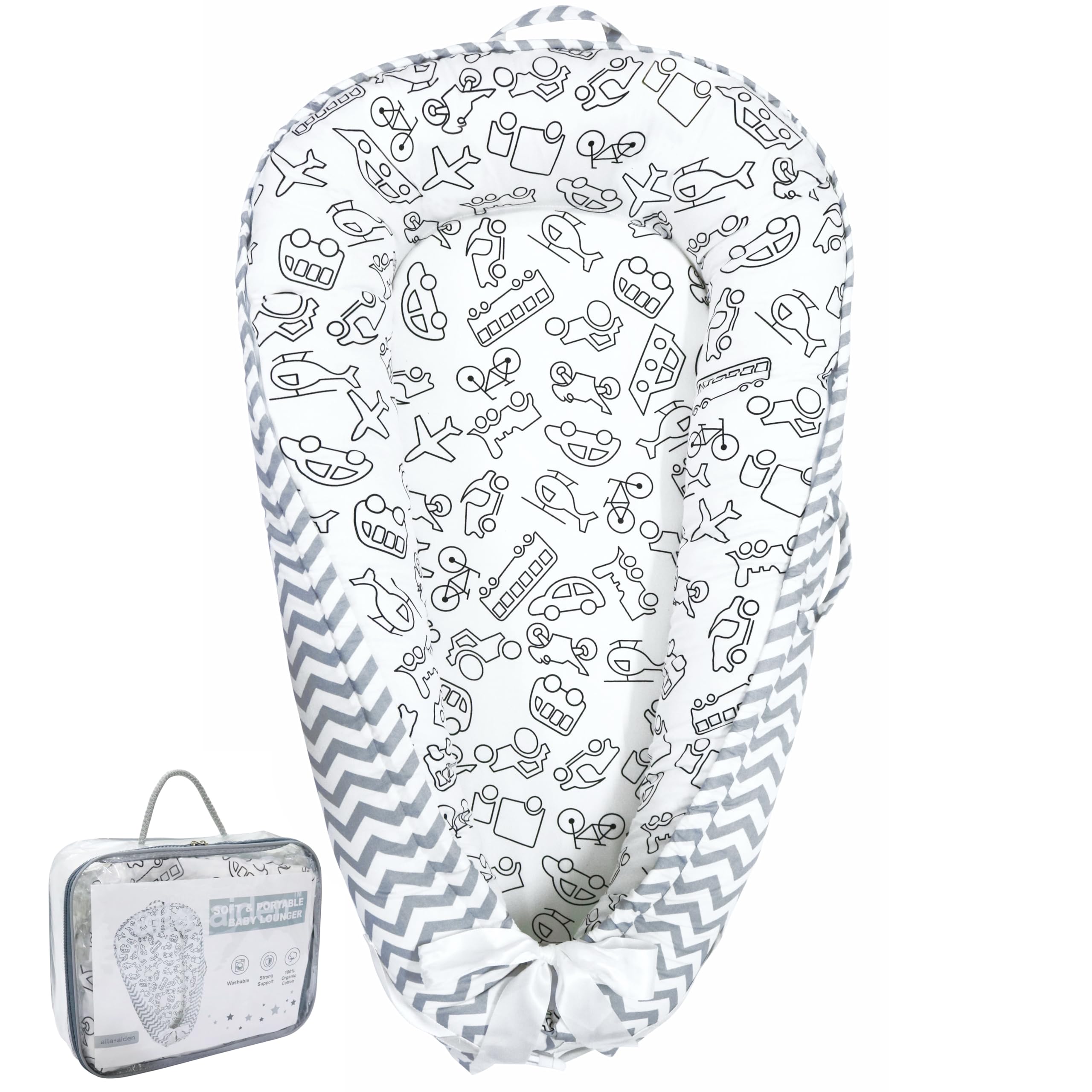 Aila+Aiden baby lounger close-up cover showing organic cotton texture for gentle daytime comfort.