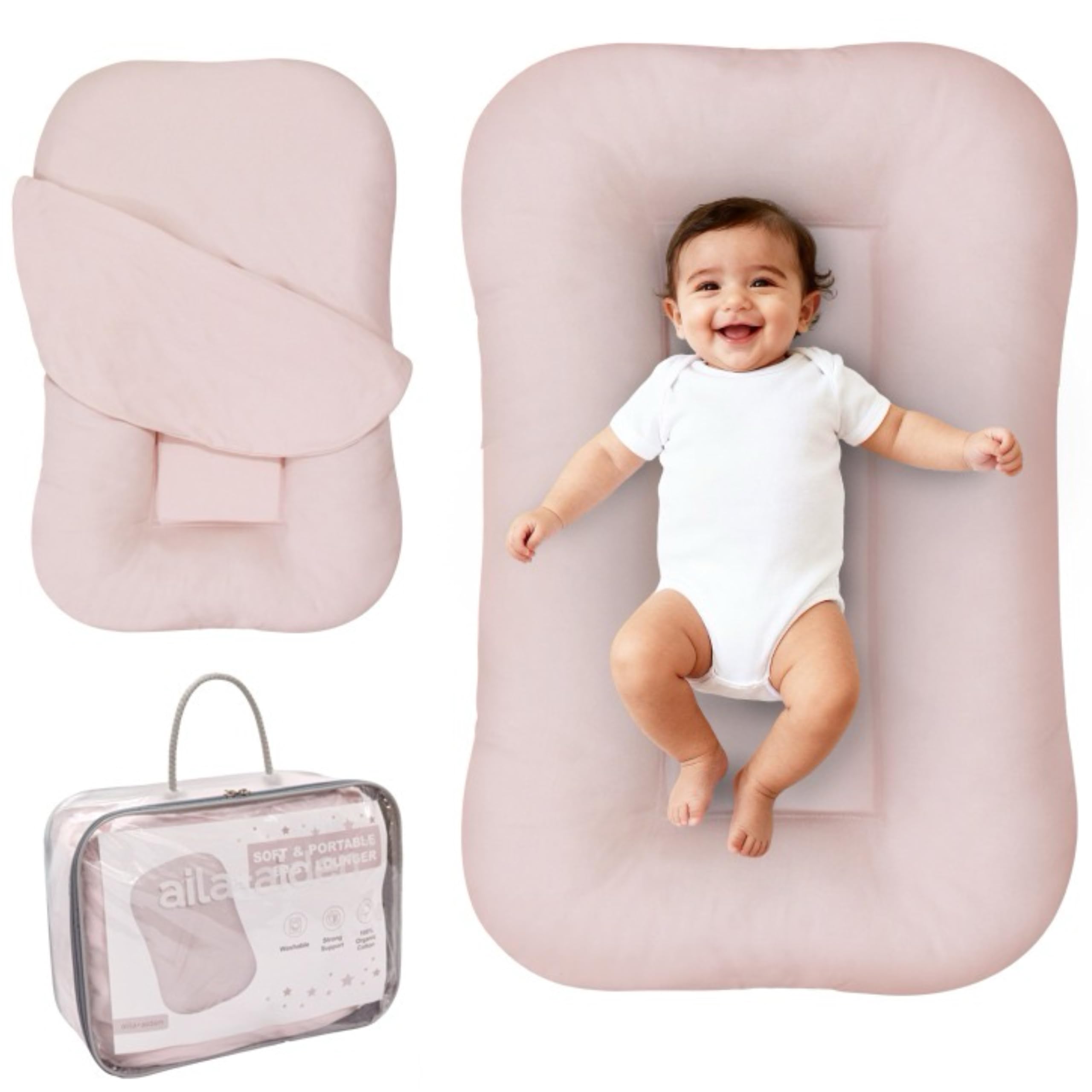 Aila + Aiden pink lounger cover close-up showing organic cotton softness for daytime comfort.