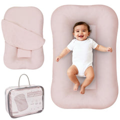 Aila + Aiden pink lounger cover close-up showing organic cotton softness for daytime comfort.