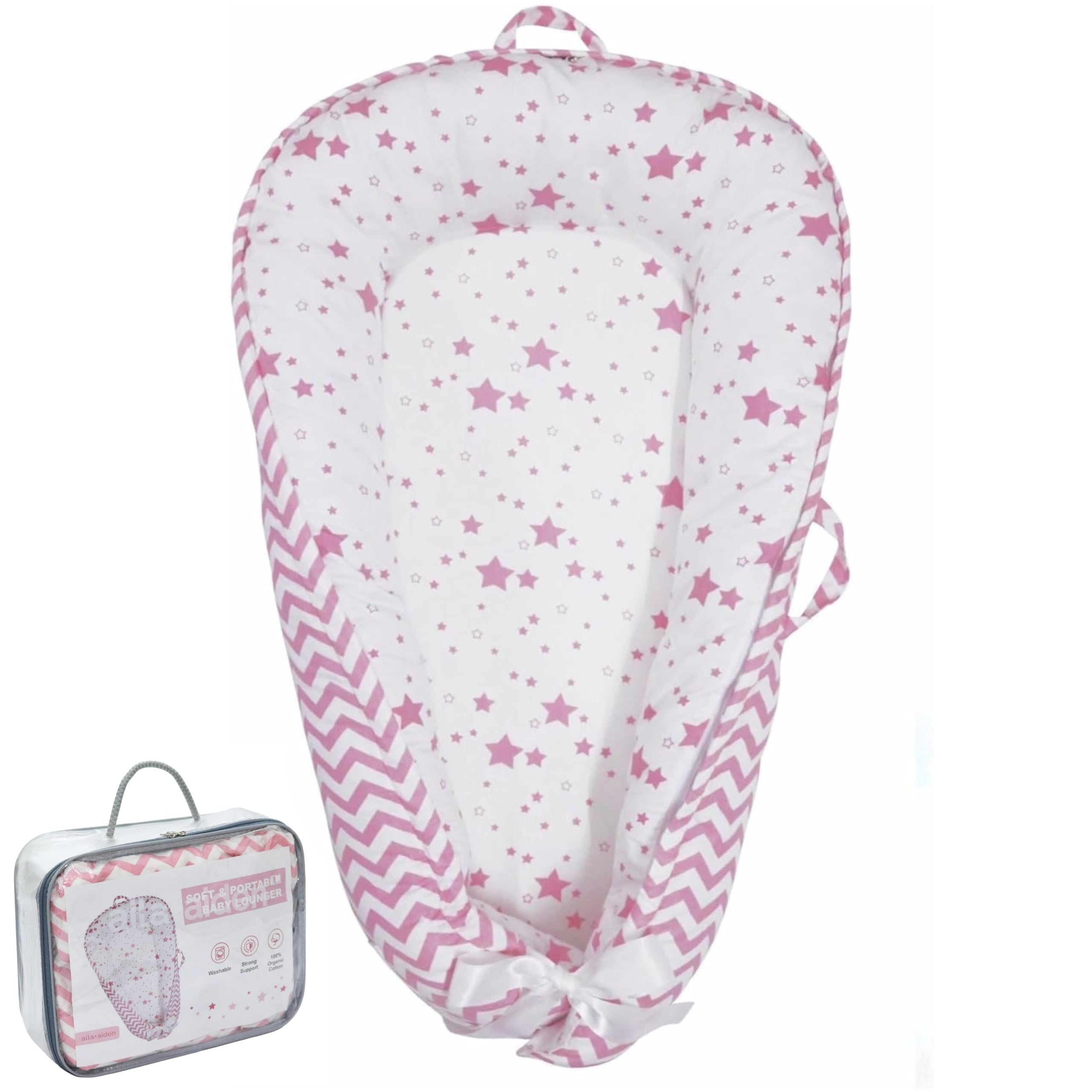 Aila+Aiden Star Collection pink baby lounger fabric close-up for gentle daytime comfort