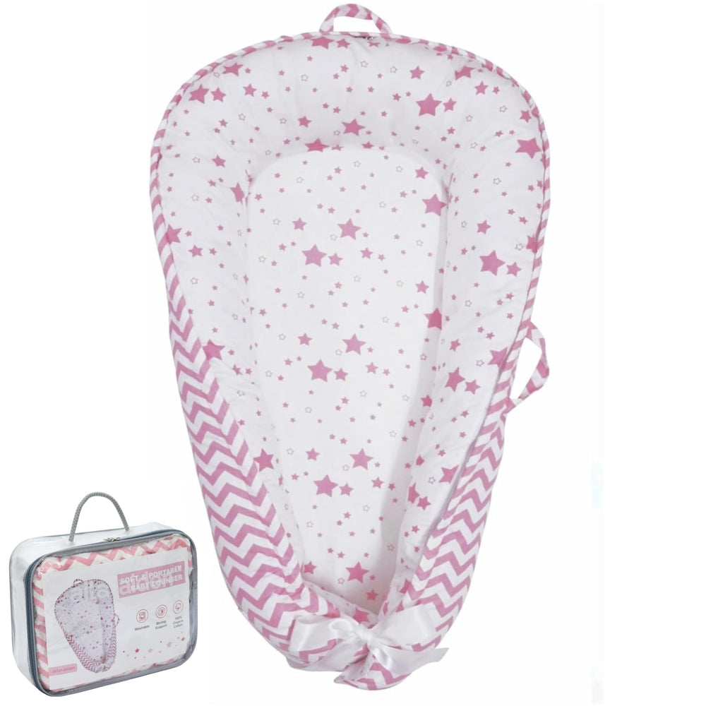 Aila+Aiden Star Collection pink baby lounger fabric close-up for gentle daytime comfort