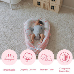 Close-up of reversible cover on Aila+Aiden lounger showing two looks