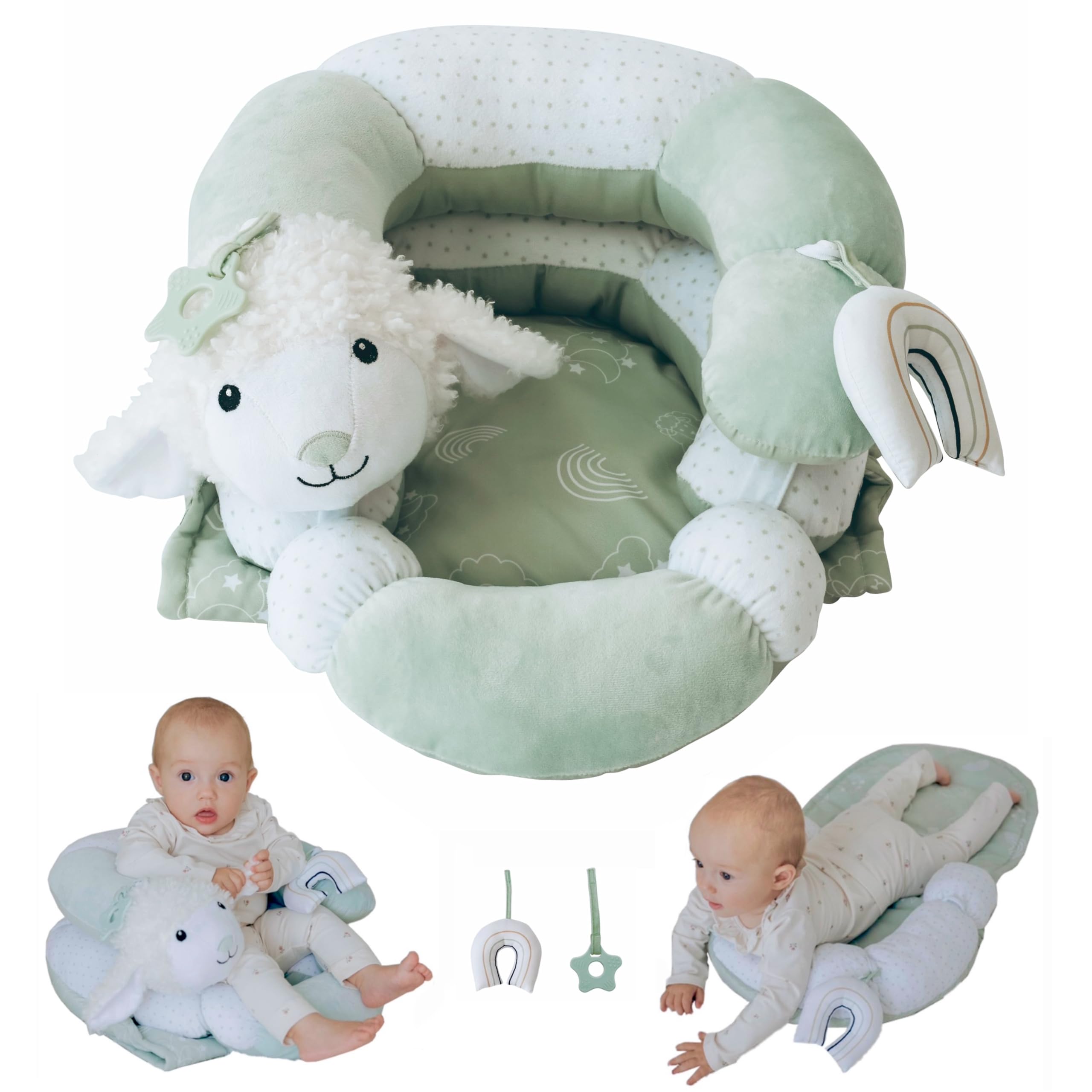 Aila+Aiden tummy time mat Sage supports head and neck during supervised play