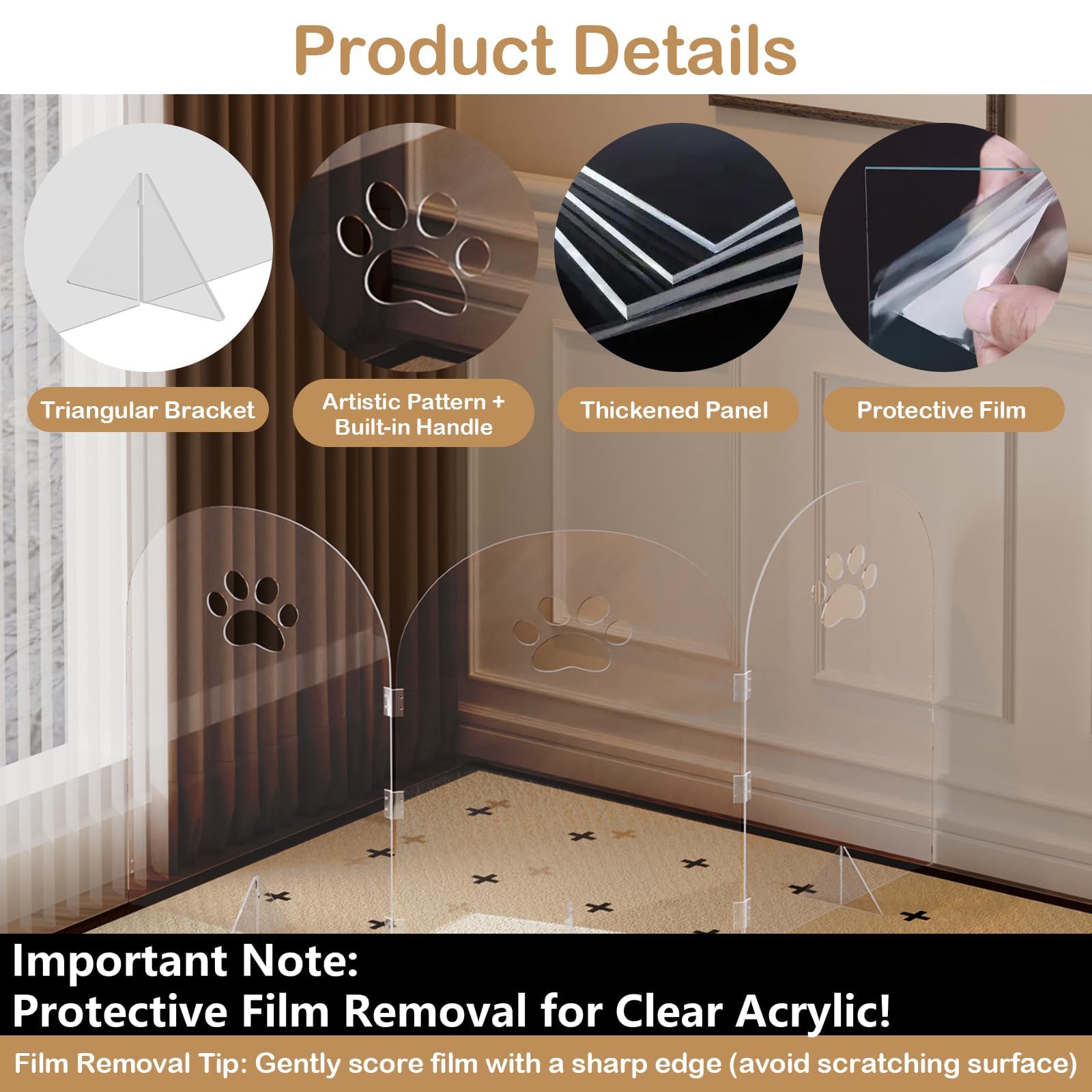 AILOOCEDI clear pet gate 3-panel offers unobstructed visibility for monitoring.
