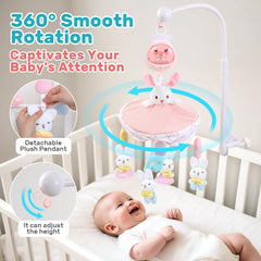 Aimafun crib mobile rotates 360 degrees to promote visual tracking and engagement.