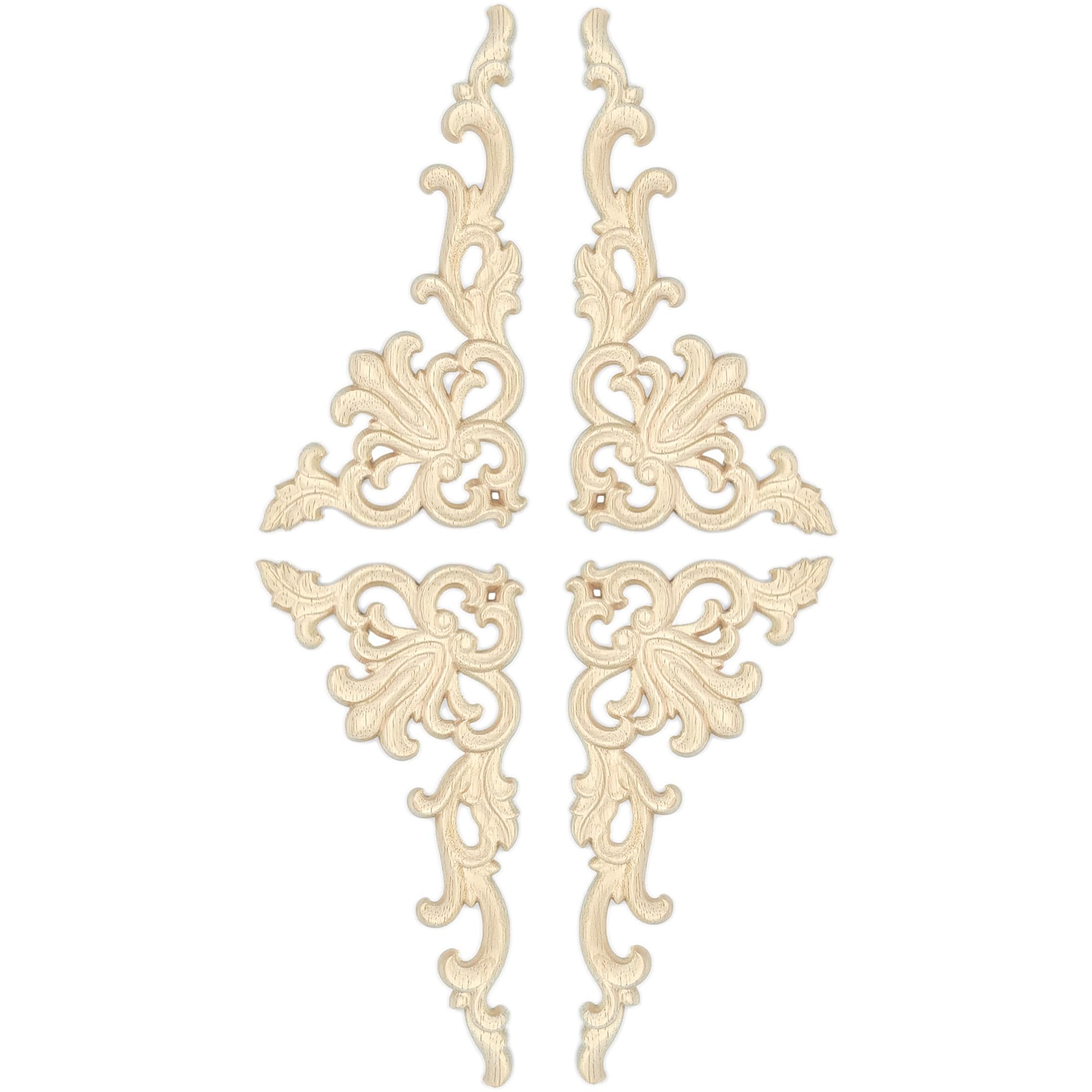 Aiminjey carved wood applique on a corner enhances cabinetry detail