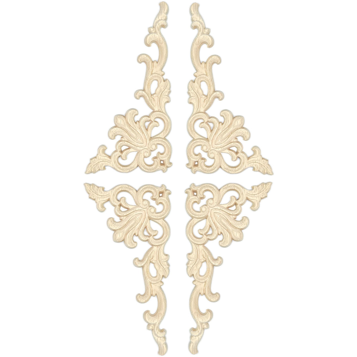 Aiminjey carved wood applique on a corner enhances cabinetry detail