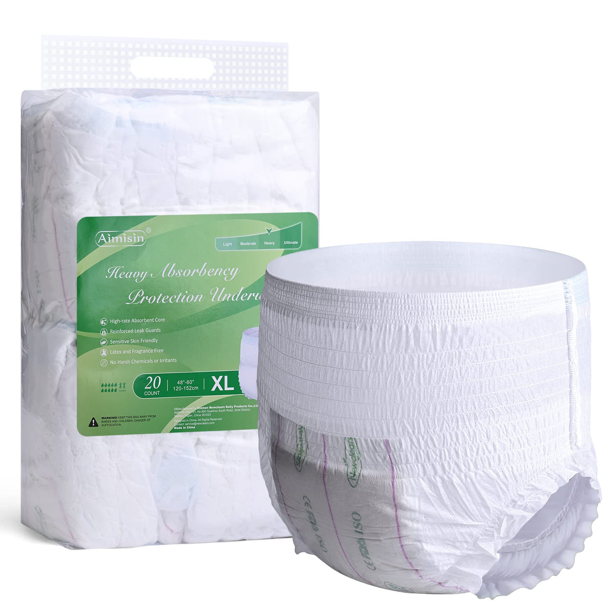 Aimisin adult underwear with heavy absorbency core provides reliable overnight protection.