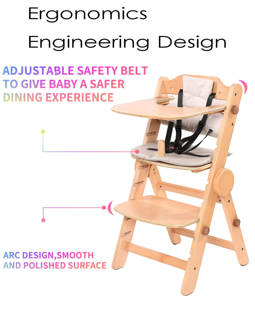 AIMOADO Toddler High Chair Wood adjustable-tray highlights easy feeding access.
