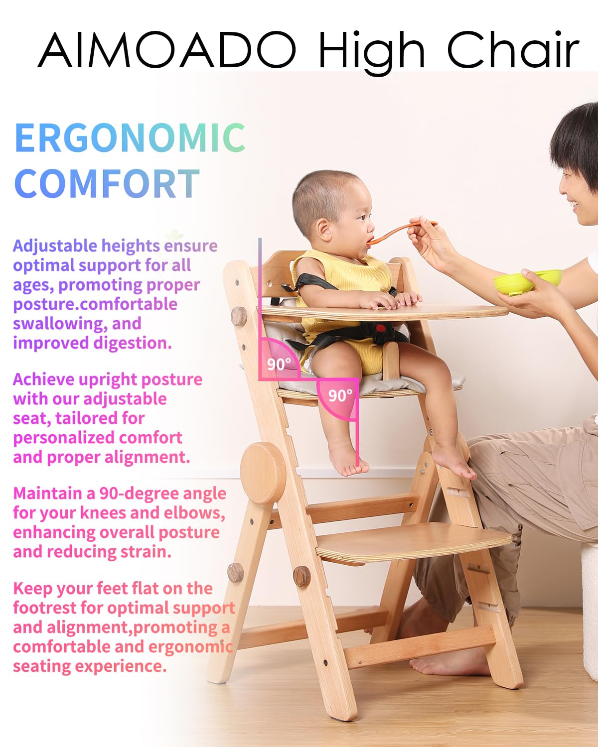 AIMOADO Toddler High Chair Wood beech material highlights durable, natural finish.